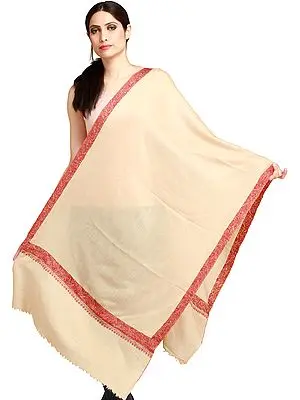 Cream Plain Kashmiri Tusha Stole with Needle Hand-Embroidered Border