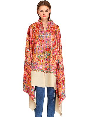 Cream Kashmiri Pure Pashmina Shawl with Papier Mache Hand-Embroidered Paisleys in Multi-color Thread