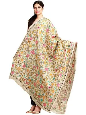 Alabaster-Gleam Kantha Dupatta from Kolkata with Hand-Embroidered Foliage