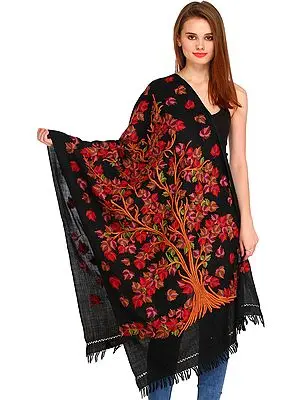 Jet-Black Kashmiri Stole with Aari Hand-Embroidered Maple Tree