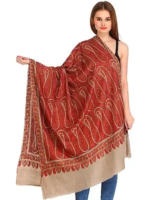 Feather-Gray Hand-Embroidered Kashmiri Pashmina Shawl with Paisleys