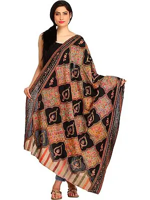 Caviar-Black Kani Shawl from Amritsar with Kalamkari Needle-Embroidery by Hand