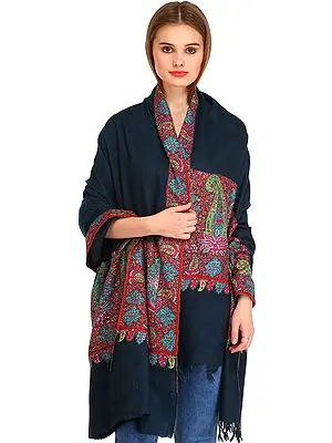 Majolica-Blue Kashmiri Pashmina Shawl with Sozni Hand-Embroidered Paisleys on Border