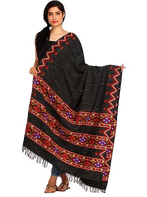 Raven-Black Shawl from Kullu with Thread Weave and Kinnauri Woven Triple Border