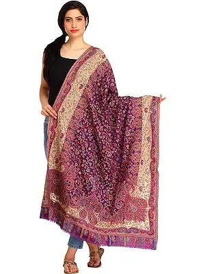 Petunia-Purple Kani Shawl with Woven Paisleys and Kalamkari Needle Embroidery by Hand