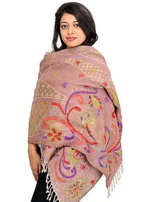Elderberry Jamawar Stole with Woven Paisleys and Wool-Embroidery