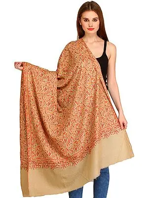 Crème-Brulee Kashmiri Pure Pashmina Shawl with All-Over Sozni Embroidery by Hand