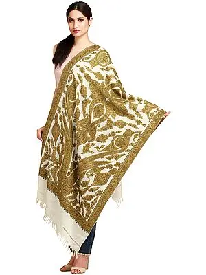 Ivory and Olive Kashmiri Stole with Aari Hand-Embroidered Paisleys