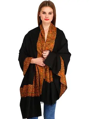Phantom-Black Plain Kashmiri Pashmina Shawl with Sozni Hand-Embroidered Border