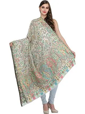 Ivory and Green Kani Jamawar Shawl from Amritsar with Woven Paisleys