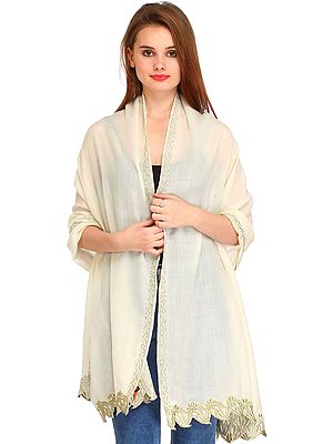 Plain Stole from Amritsar with Zari Thread-Embroidery and Jagged Border