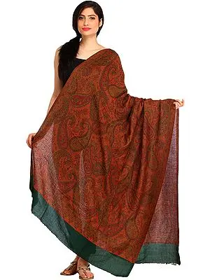 Ponderosa-Pine Kani Reversible Shawl with Woven Paisleys and Solid Border