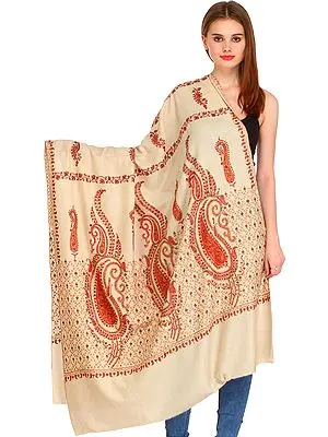 Off-White Kashmiri Pure Pashmina Shawl with Needle Hand-Embroidered Paisleys