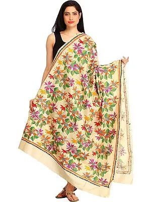 Almond-Oil Dupatta from Kolkata with Kantha Hand-Embroidered Sunflowers
