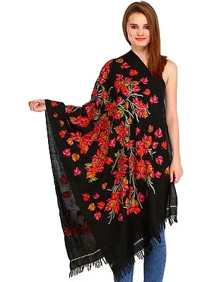 Caviar-Black Kashmiri Stole with Aari Hand-Embroidered Maple Tree