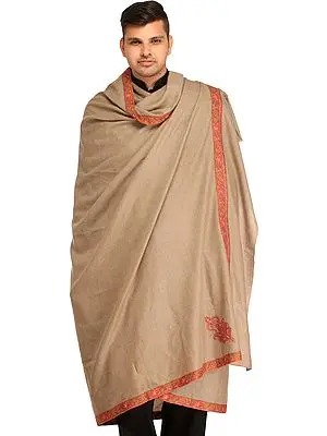 Simply-Taupe Plain Kashmiri Pashmina Dushala (Lohi) for Men with Sozni Hand-Embroidery on Border