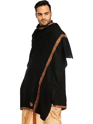 Jet-Black Plain Kashmiri Pashmina Shawl for Men with Sozni Hand-Embroidery on Border