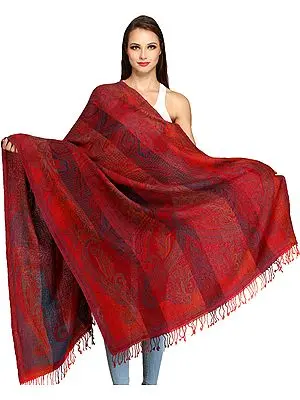 Persian-Red Reversible Jamawar Shawl from Amritsar with Woven Paisleys