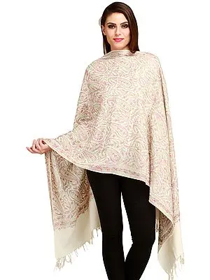 Cream Stole from Amritsar with Aari-Embroidered Paisleys and Crystals