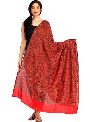 Rococco-Red Kani Reversible Shawl with Woven Paisleys and Solid Border