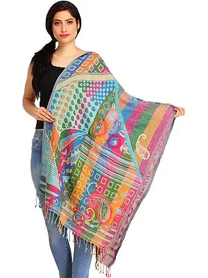 Multicolored Jamawar Stole with Woven Motifs and Wool-Embroidery