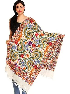 Ivory Kashmiri Stole with Aari Floral Hand-Embroidery and Butterflies