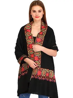 Jet-Black Kashmiri Pure Pashmina Shawl with Papier Mache Hand-Embroidery on Border