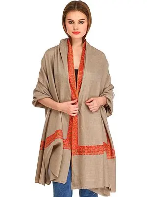 Cobblestone-Gray Plain Kashmiri Pure Pashmina Shawl with Needle Hand-Embroidery on Border