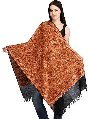 Brown and Black Kashmiri Stole with Aari Hand-Embroidered Paisleys All-Over