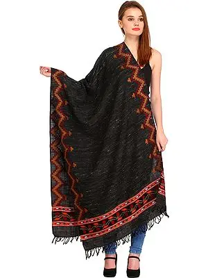 Black Stole from Kullu with Zigzag Kinnauri Woven Border