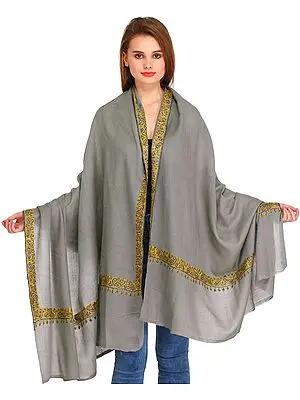 Limestone-Gray Plain Kashmiri Tusha Shawl with Sozni Hand-Embroidered Paisleys on Border