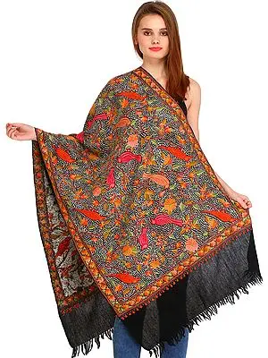 Phantom-Black Kashmiri Stole with Aari Hand-Embroidered Birds