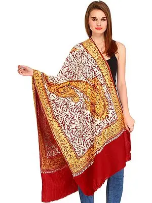 Garnet-Red Kashmiri Stole with Aari Embroidered Paisleys