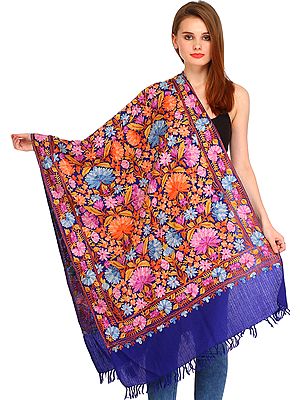 Clematis-Blue Kashmiri Stole with Aari Floral Embroidery
