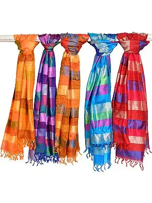 Lot of Five Banarasi Pure Silk Scarves with Woven Paisleys and Stripes