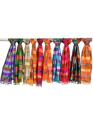 Multicolored Lot of Ten Banarasi Pure Silk Scarves with Tanchoi Weave and Stripes