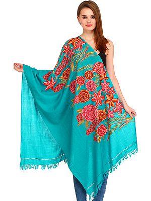 Kashmiri Stole with Aari-Hand Embroidered Giant Flowers