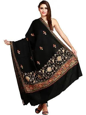 Jet-Black Shawl from Amritsar with Aari Floral-Embroidery