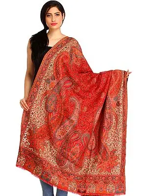 Deep-Claret Kani Jamawar Shawl from Amritsar with Woven Paisleys