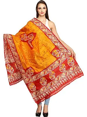 Marigold and Red Batik Dyed Shawl with Floral Print