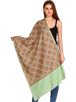 Pastel-Green Kashmiri Tusha Stole with Needle Hand-Embroidery All-Over