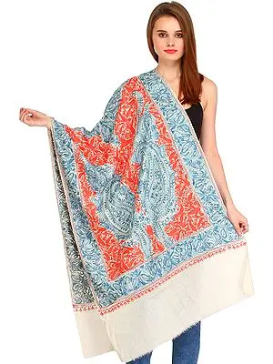 Off-White Kashmiri Stole with Aari-Embroidered Paisleys