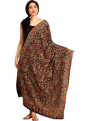 Jet-Black Kani Shawl from Amritsar with Woven Paisleys and Kalamkari Needle Hand-Embroidery