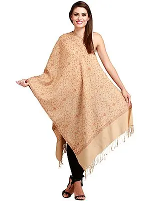 Warm-Sand Kashmiri Stole with Sozni Hand-Embroidery