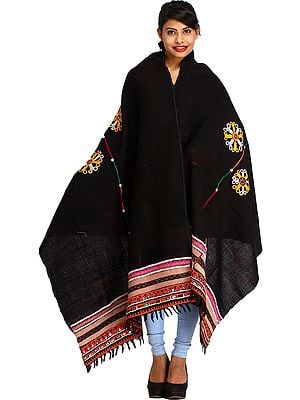 Licorice-Black Antiquated Shawl from Kutch with Rabari Embroidery and Mirrors