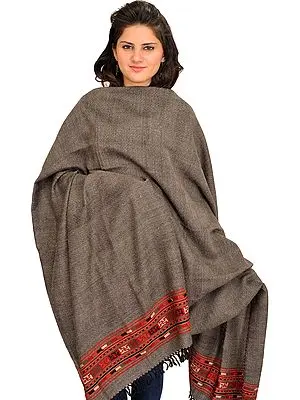 Charcoal-Gray Shawl from Kullu with Kinnauri Woven Border and Diamond Weave