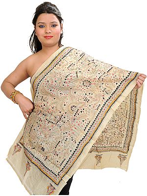 Cloud-Cream Kantha Hand-Embroidered Scarf