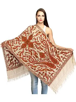 Oyster-Gray Kashmiri Stole with Aari Hand-Embroidered Paisleys