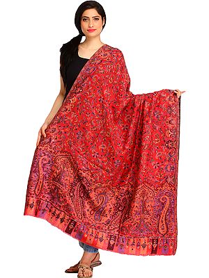 Claret-Red Jamawar Shawl from Amritsar with Kani Weave All-Over