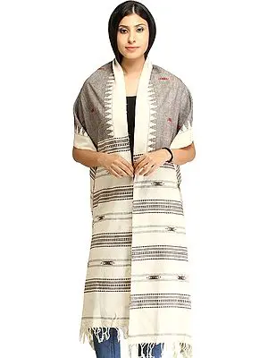 Gray and Ivory Stole from Nagaland with Thread Weave
